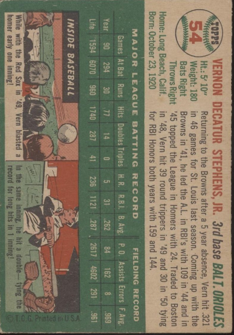 Vern Stephens 1954 Topps #54 Baltimore Orioles GD - Collector Store LLC