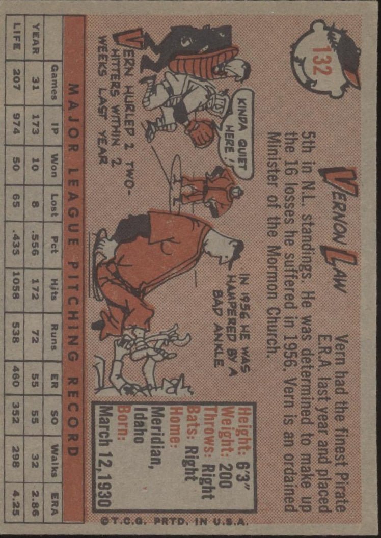 Vernon Law 1958 Topps #132 Pittsburgh Pirates EX - Collector Store LLC