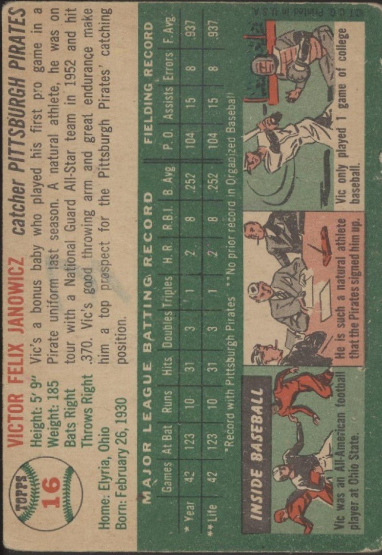 Vic Janowicz 1954 Topps #16 Pittsburgh Pirates GD - Collector Store LLC