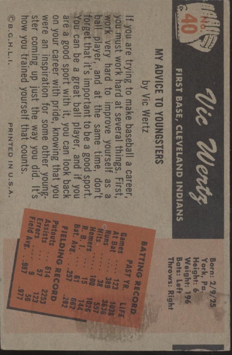 Vic Wertz 1955 Bowman #40 Cleveland Indians VG - EX - Collector Store LLC