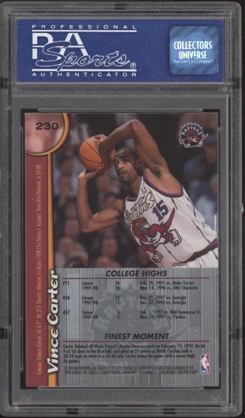 Vince Carter 1998 - 99 Topps Finest with Coating #230 PSA 9 - Collector Store LLC