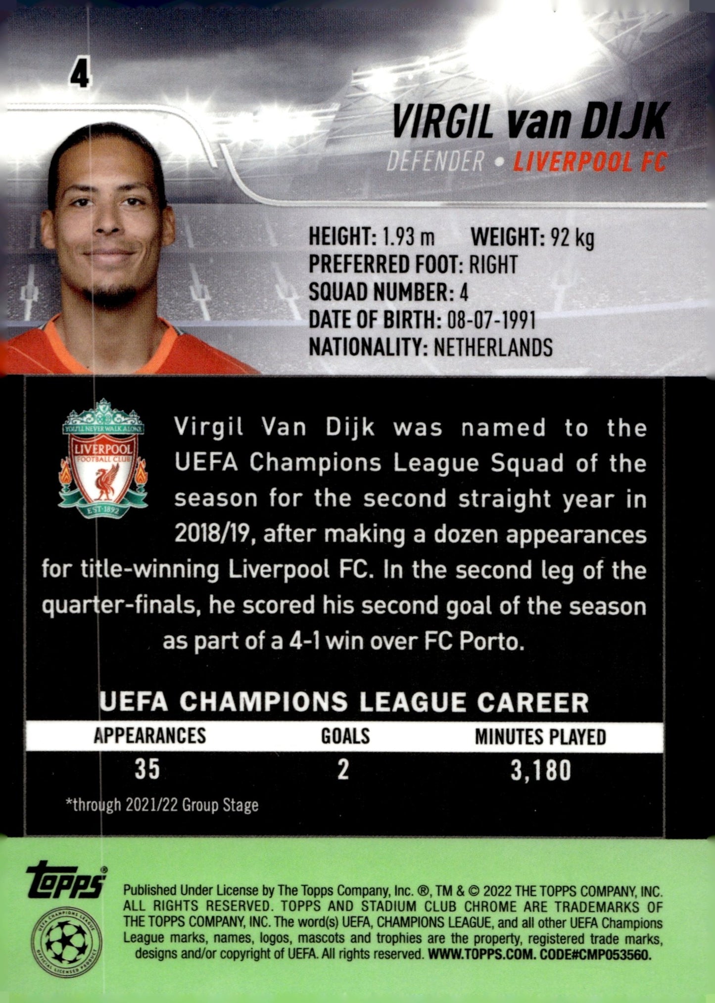 Virgil van Dijk 2022 - 23 Topps Stadium Club Chrome UCL #4 - Collector Store LLC