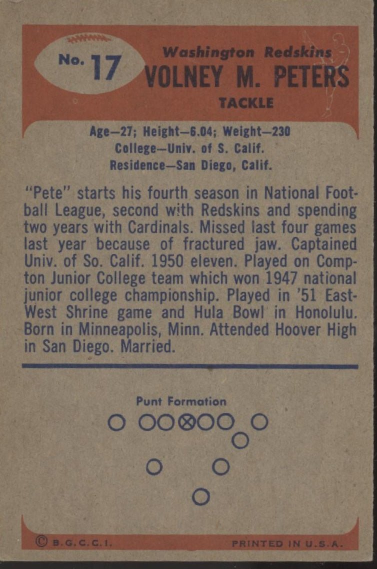 Volney Peters 1955 Bowman RC #17 Washington Redskins - Collector Store LLC
