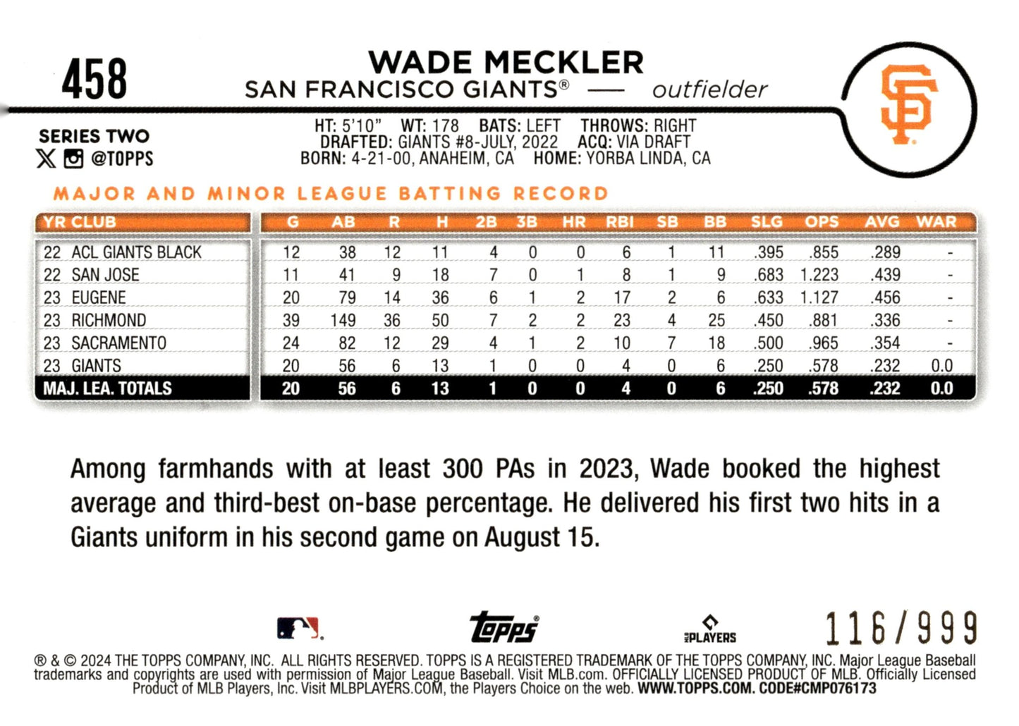 Wade Meckler 2024 Topps Series 2 Blue Foil 116/999 #458 - Collector Store LLC