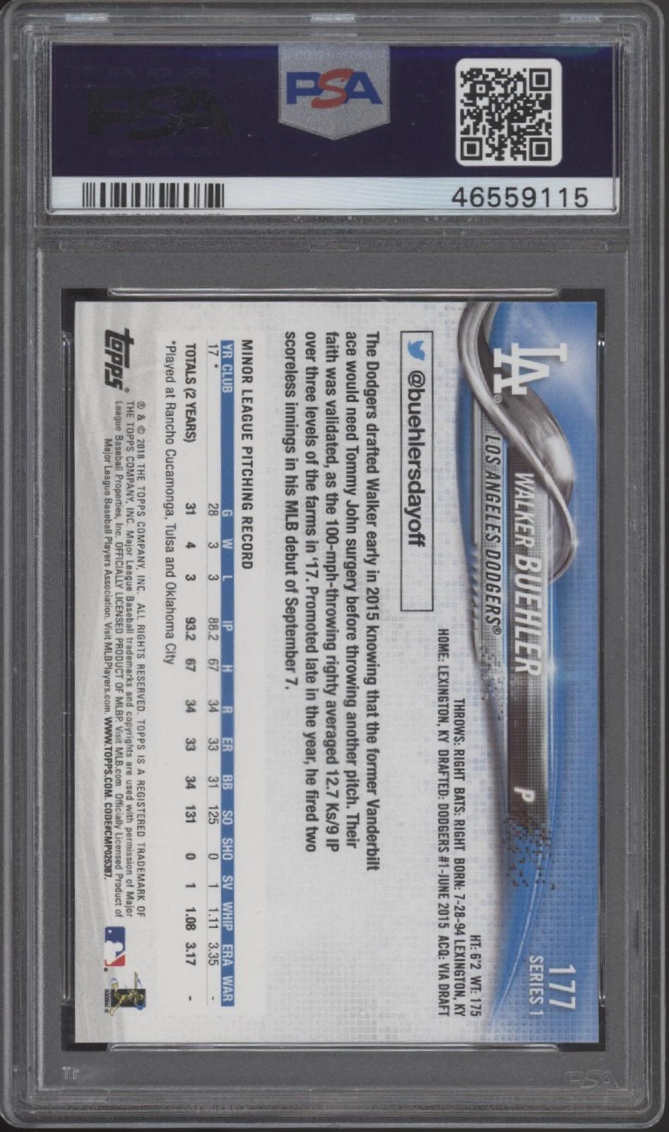 Walker Buehler 2018 Topps Series 1 RC #177 PSA 10 - Collector Store LLC