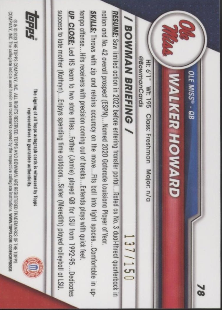 Walker Howard 2023 Bowman Chrome University Fuchsia Mini Diamond Auto 137/150 - Collector Store LLC