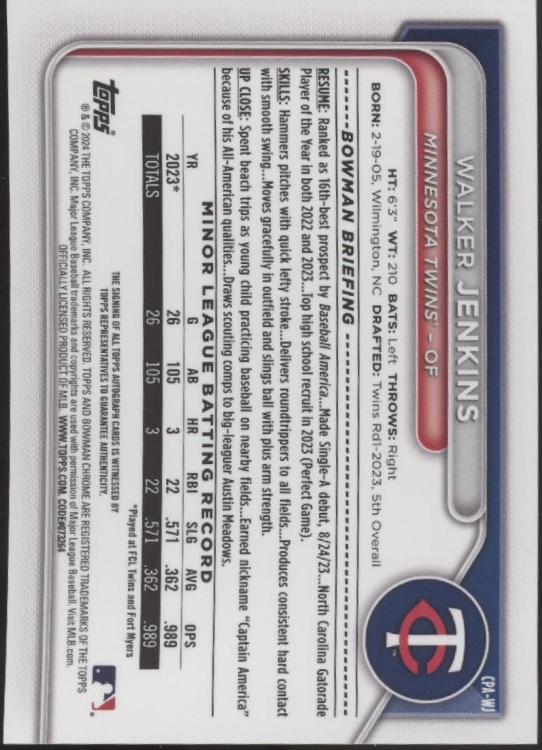 Walker Jenkins 2024 Bowman Chrome Blue Lunar Refractor Auto 016/150 #CPA - WJ - Collector Store LLC