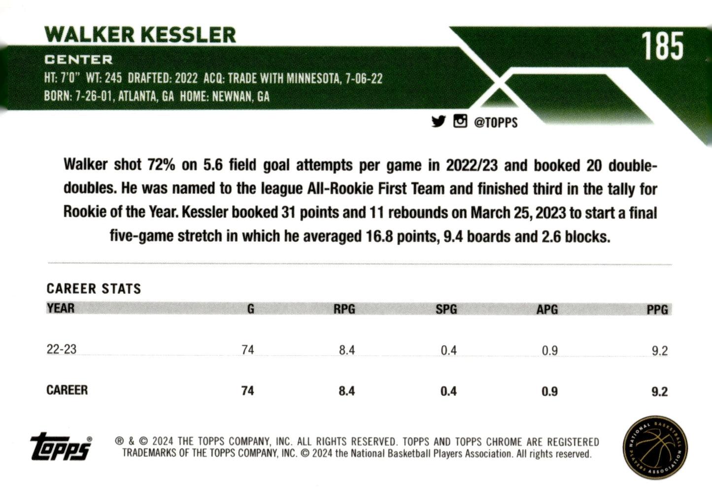 Walker Kessler 2024 Topps Chrome #185 - Collector Store LLC