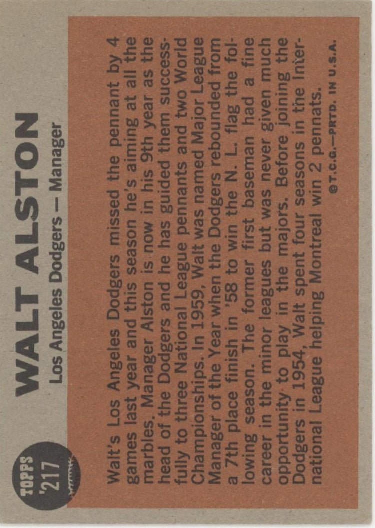 Walt Alston 1962 Topps 217 Los Angeles Dodgers VG - Collector Store LLC