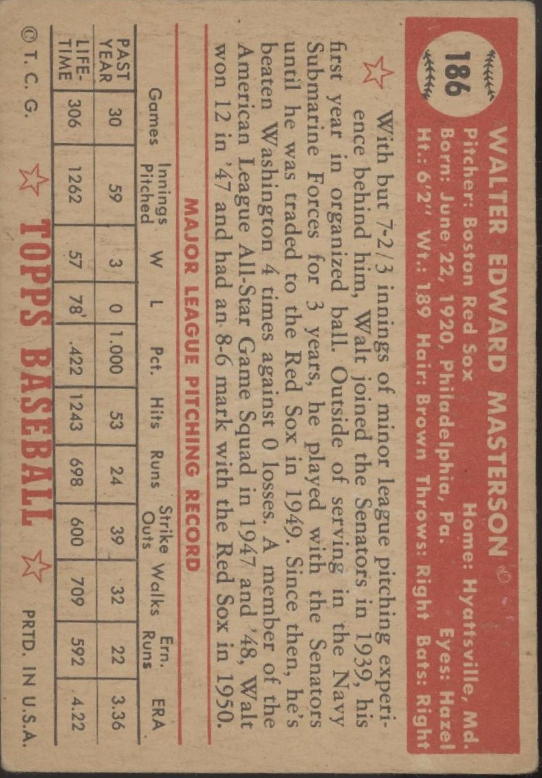 Walt Masterson 1952 Topps #186 Boston Red Sox VG - Collector Store LLC