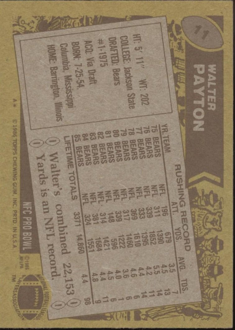 Walter Payton 1986 Topps #11 Chicago Bears #1 - Collector Store LLC