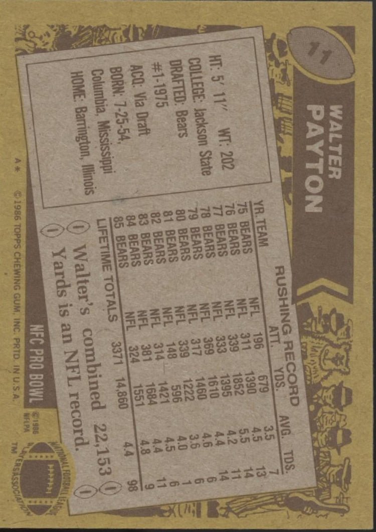 Walter Payton 1986 Topps #11 Chicago Bears #3 - Collector Store LLC