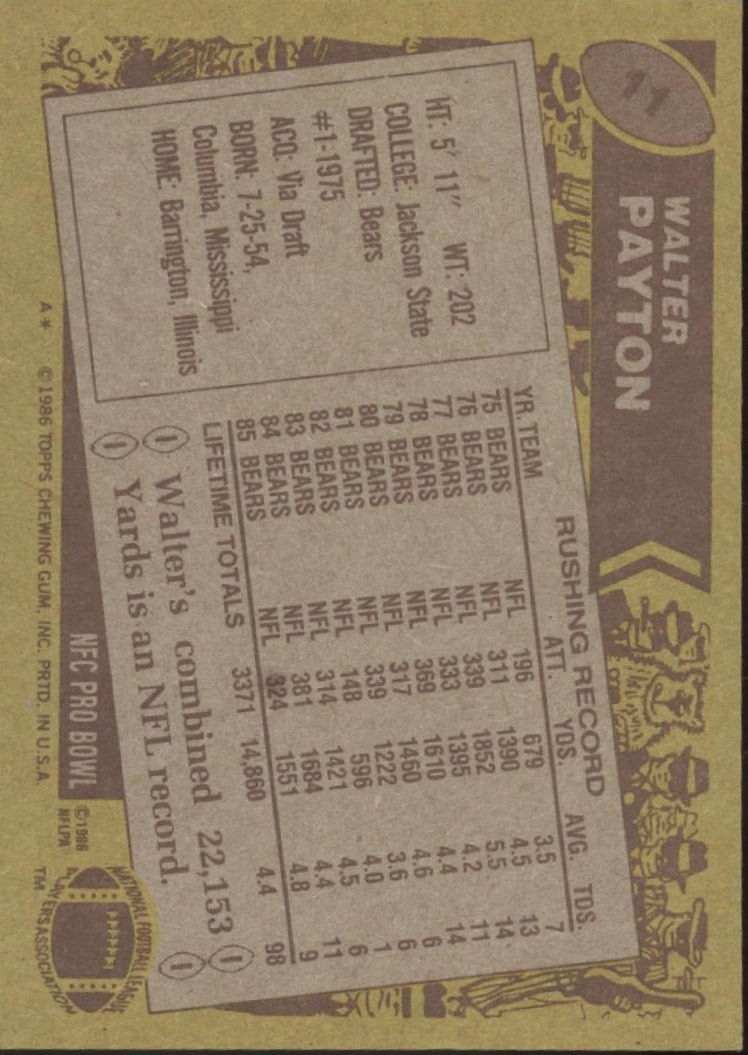 Walter Payton 1986 Topps #11 Chicago Bears #4 - Collector Store LLC