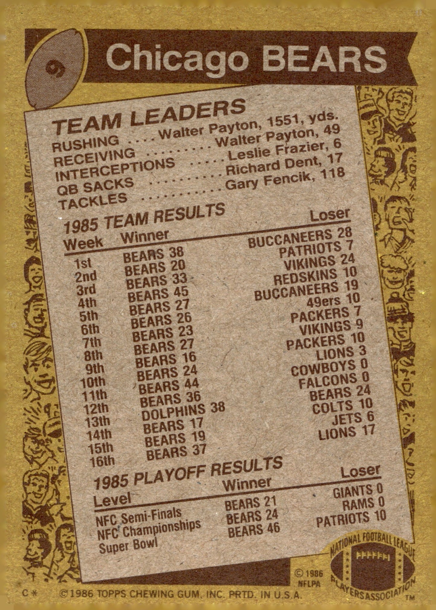 Walter Payton 1986 Topps #9 Chicago Bears - Collector Store LLC