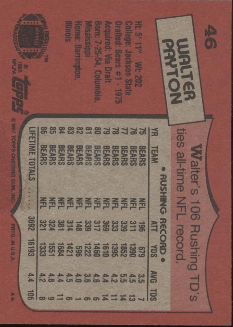 Walter Payton 1987 Topps #46 Chicago Bears - Collector Store LLC