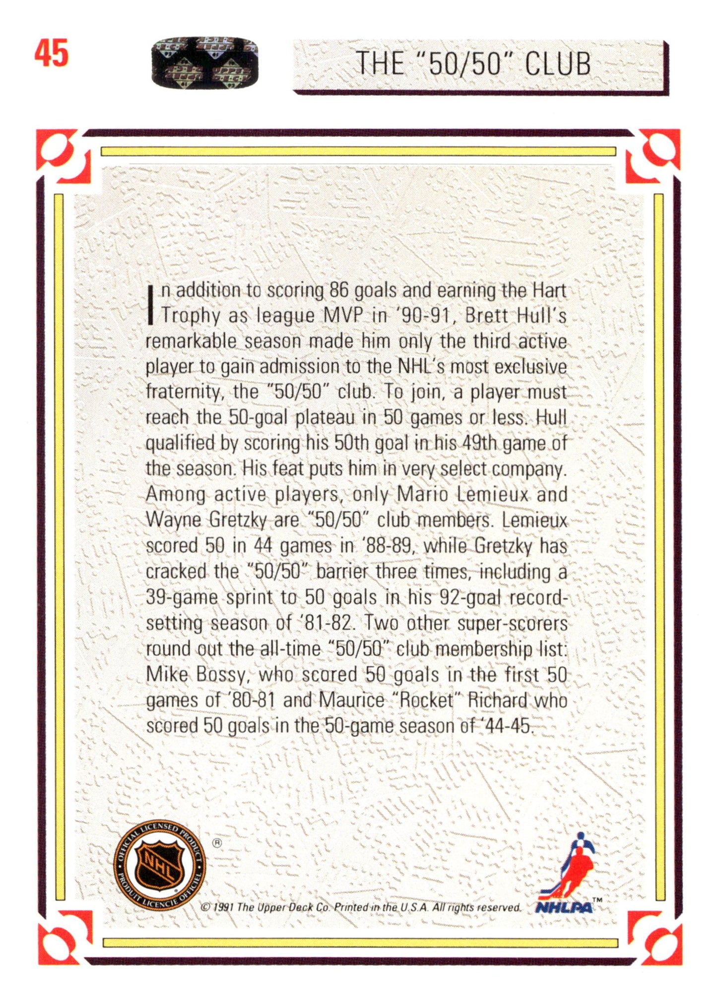 Wayne Gretzky 1991 - 92 Upper Deck The 50/50 Club #45 - Collector Store LLC