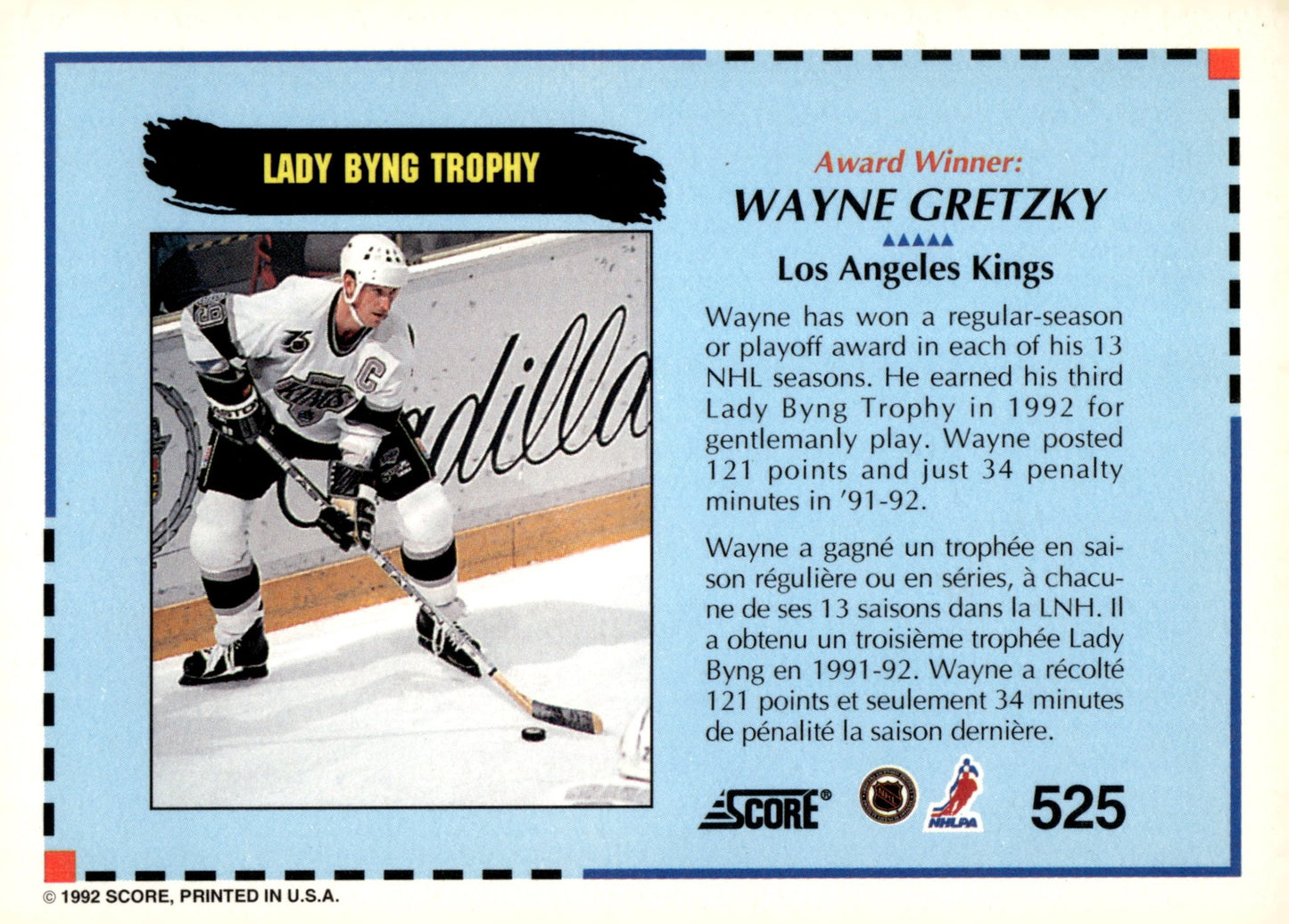 Wayne Gretzky 1992 - 93 Score Lady Byng Trophy #525 - Collector Store LLC