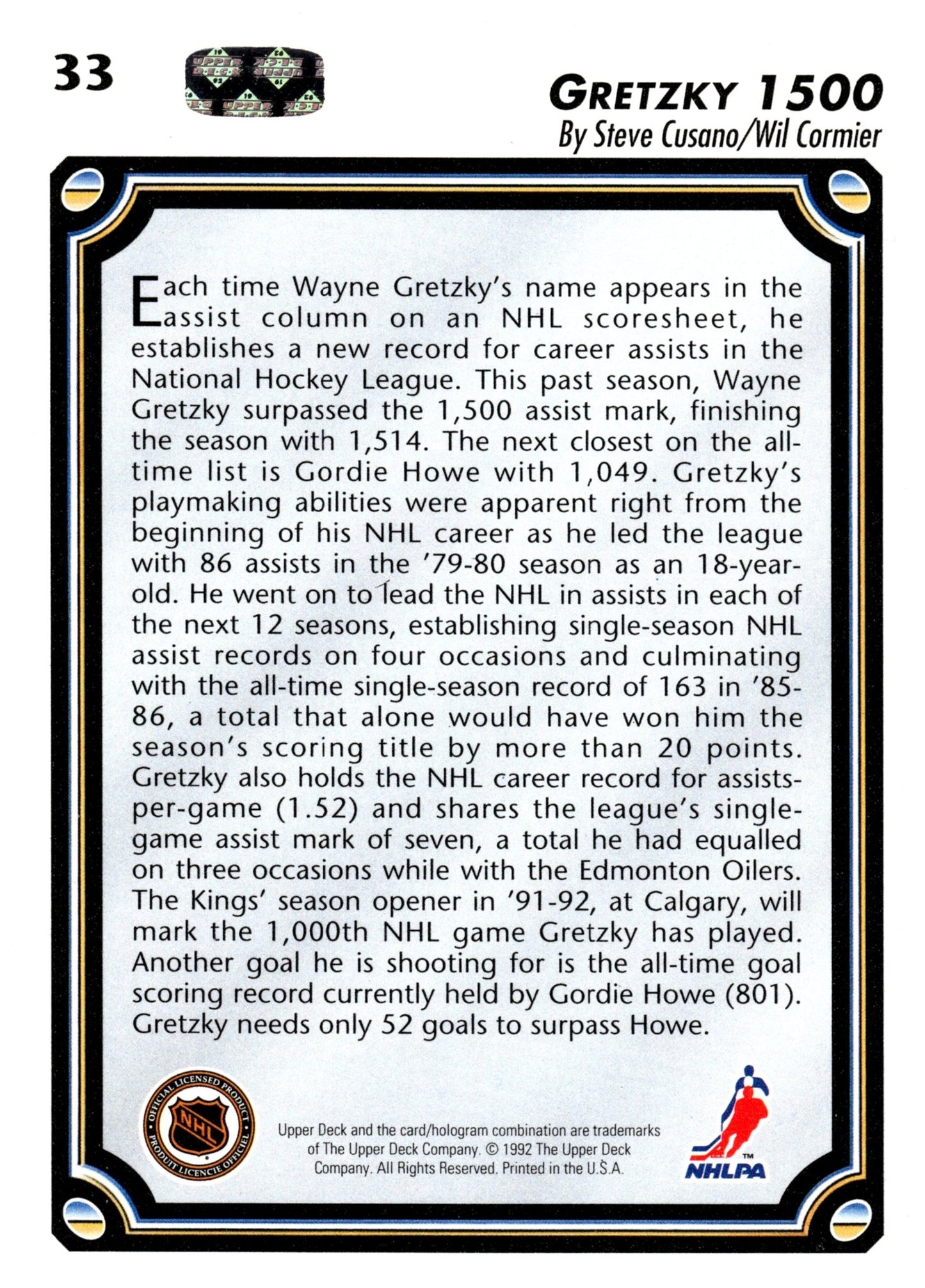 Wayne Gretzky 1992 - 93 Upper Deck 1500 #33 #1 - Collector Store LLC