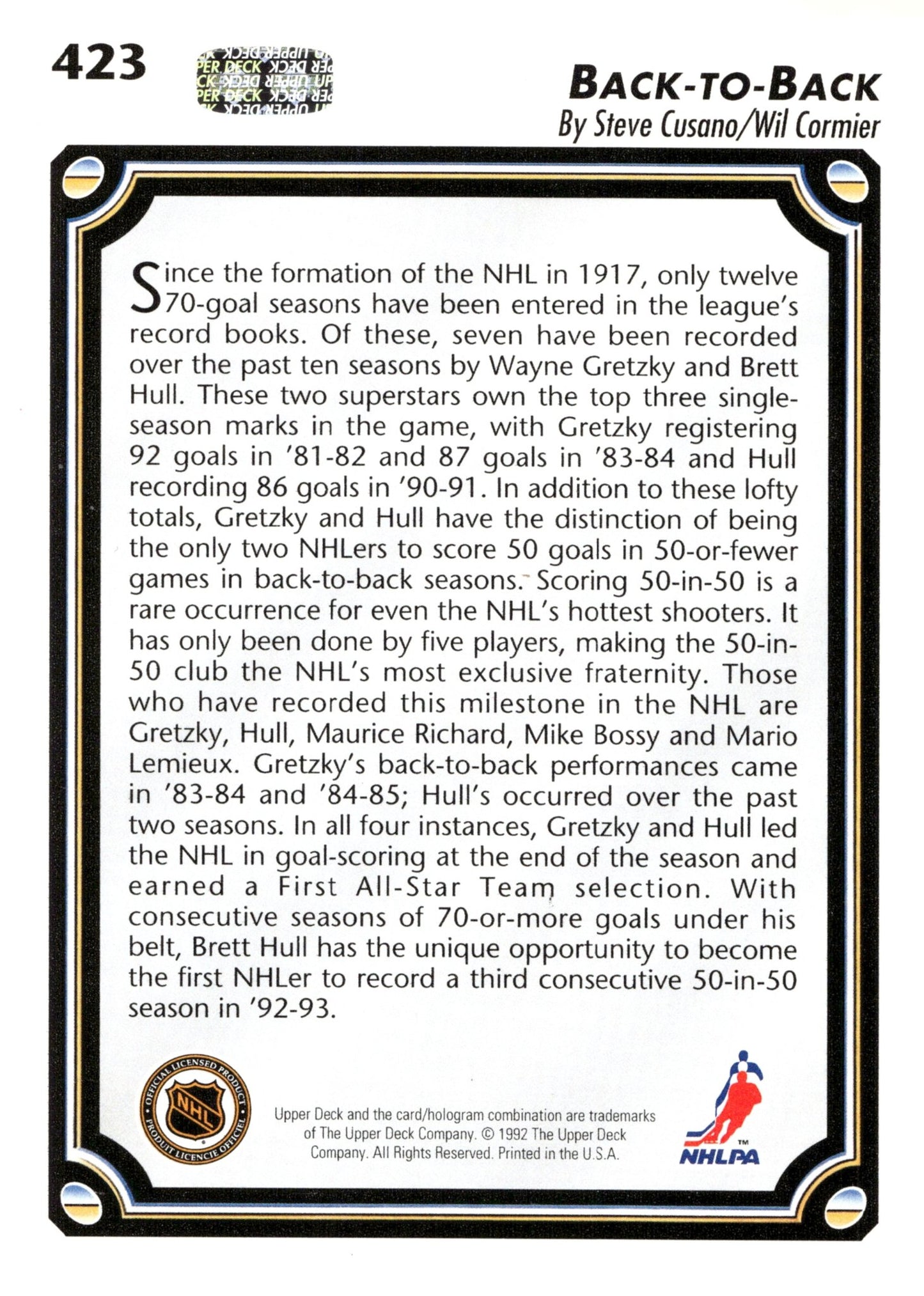 Wayne Gretzky 1992 - 93 Upper Deck Back to Back #423 - Collector Store LLC
