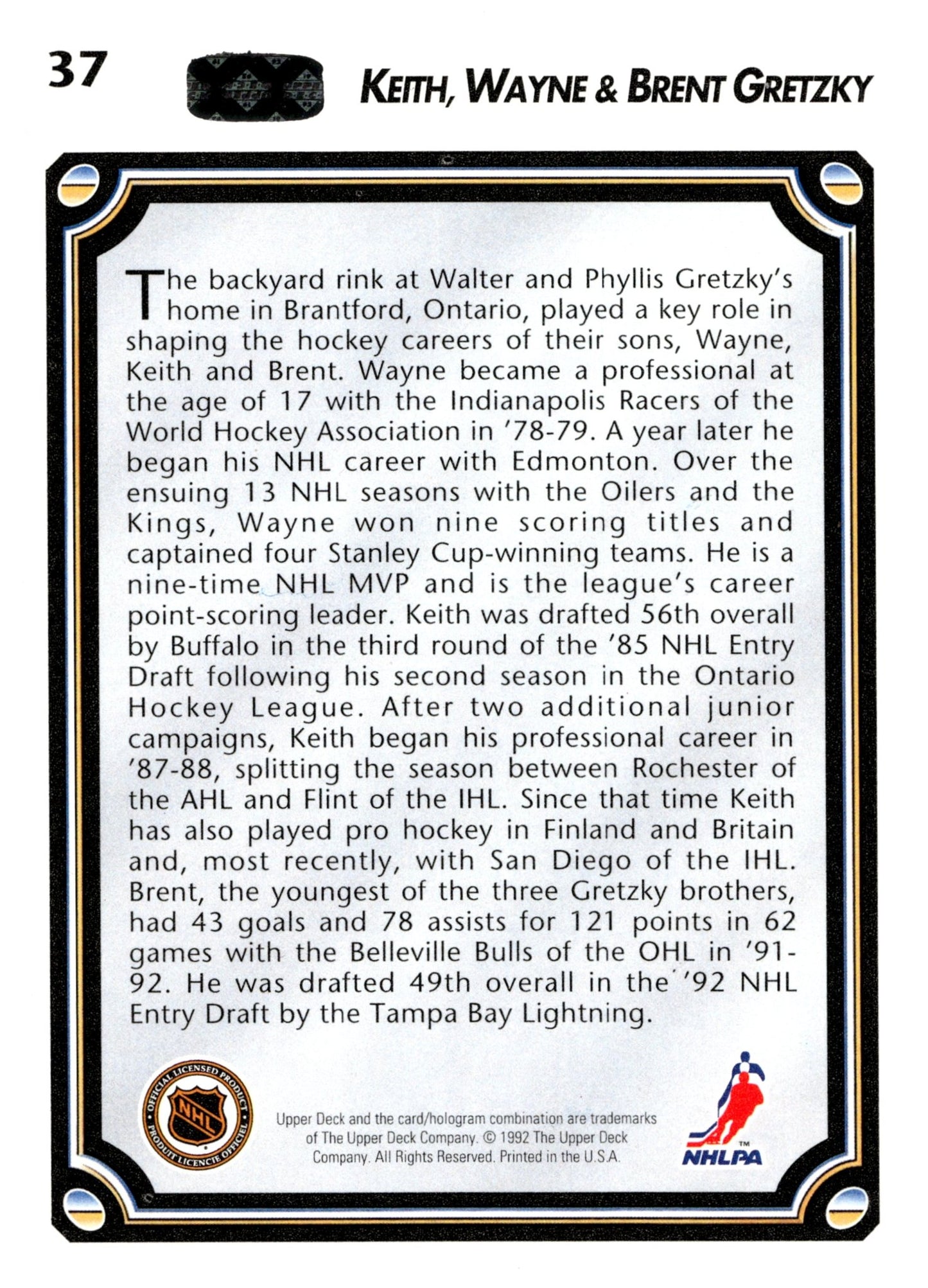Wayne Gretzky 1992 - 93 Upper Deck Bloodlines #37 #3 - Collector Store LLC