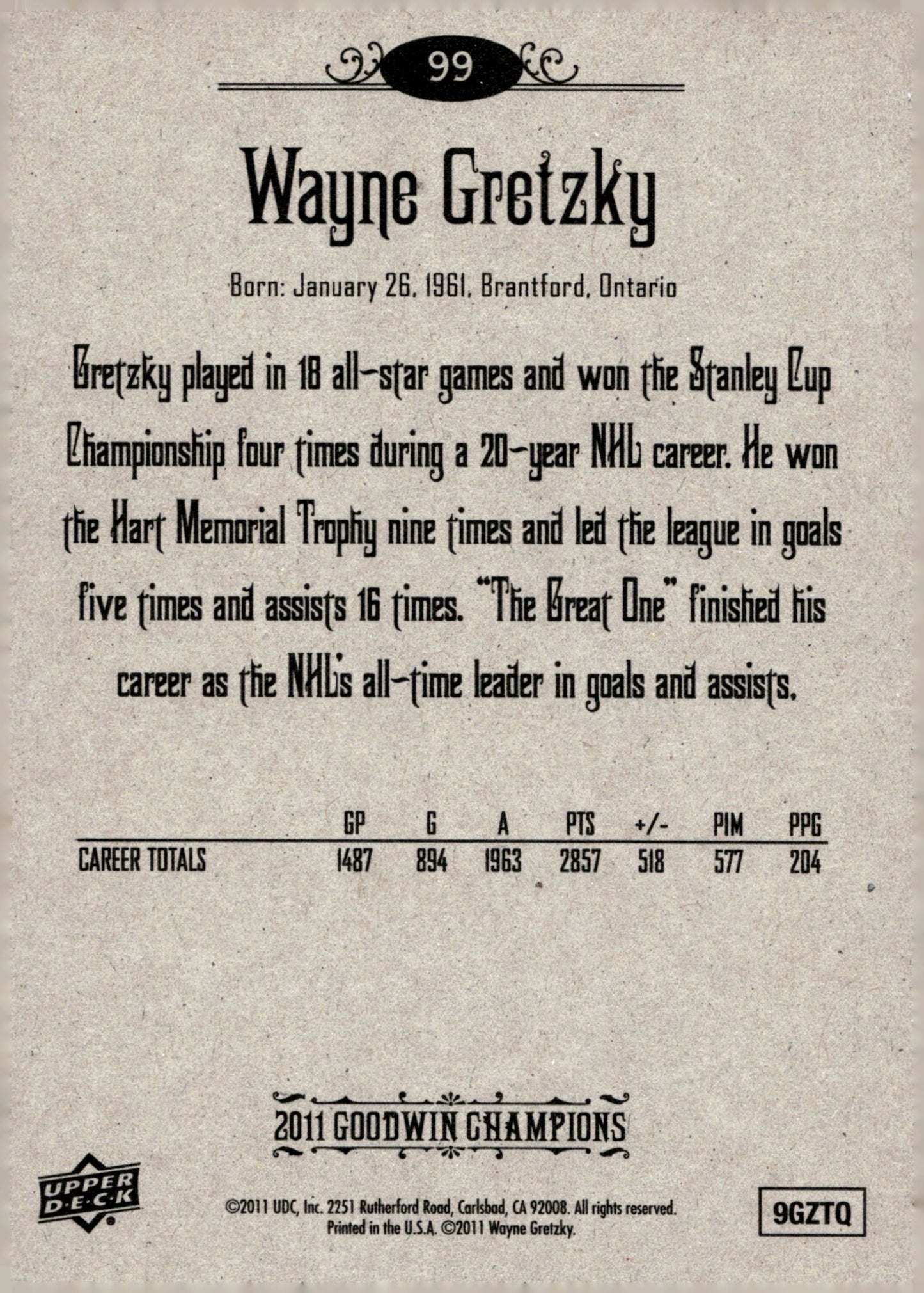 Wayne Gretzky 2011 Upper Deck Goodwin Champions #99 - Collector Store LLC