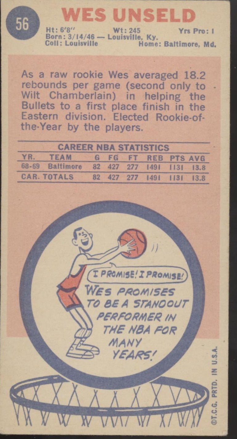 Wes Unseld 1969 - 70 Topps RC #56 Baltimore Bullets EX - NM - Collector Store LLC