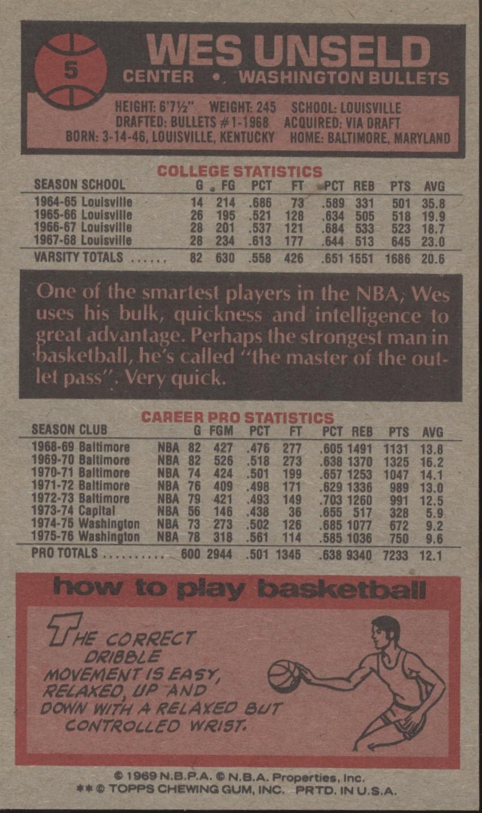 Wes Unseld 1976 - 77 Topps Oversized #5 Washington Bullets - Collector Store LLC