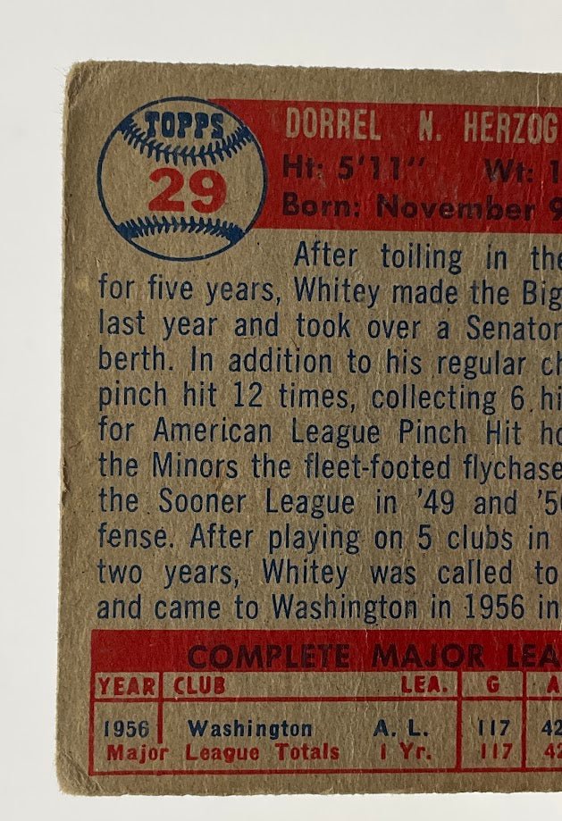 Whitey Herzog 1957 Topps RC #29 Washington Senators PR - Collector Store LLC