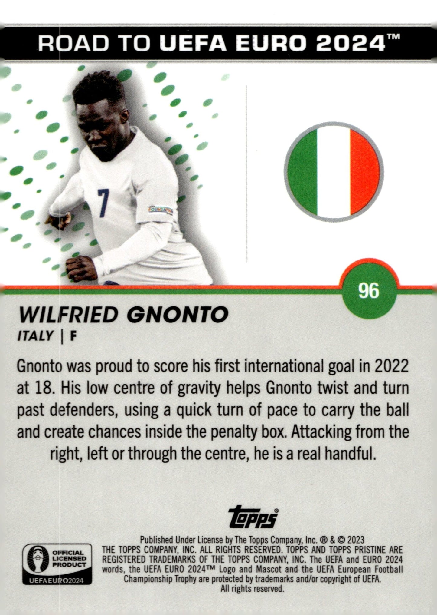 Wilfried Gnonto 2022 - 23 Topps Pristine Road to UEFA Euro Purple Refractor 70/99 - Collector Store LLC