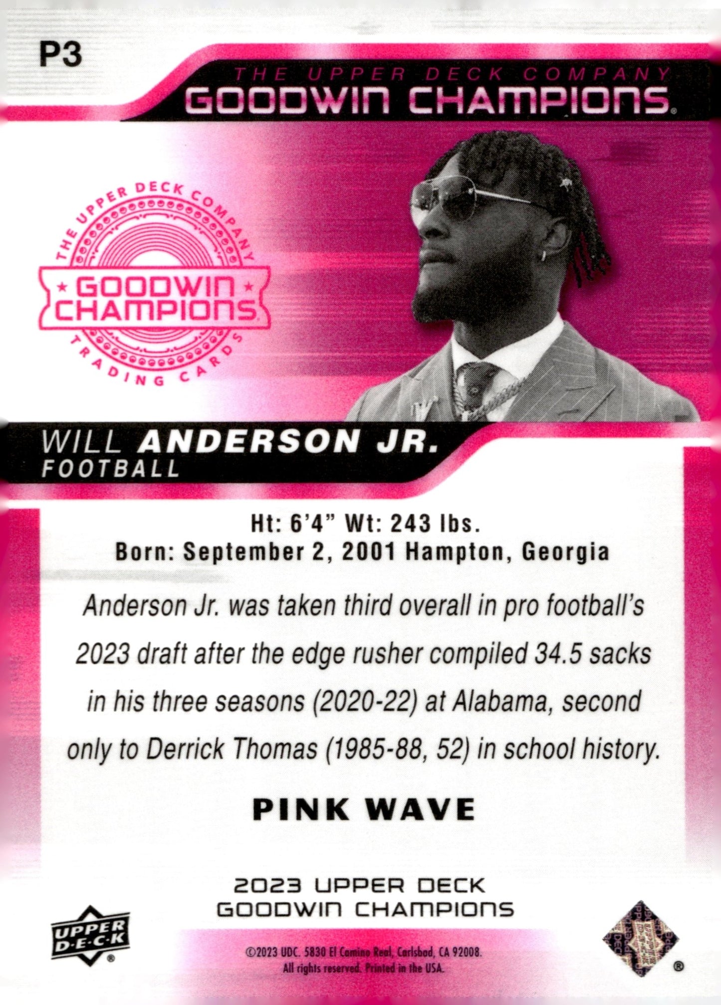 Will Anderson Jr. 2023 Upper Deck Goodwin Champions Pink Wave Refractor RC #P3 - Collector Store LLC