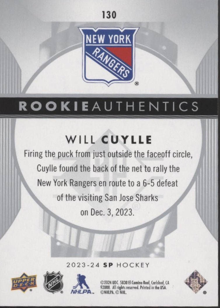 Will Cuylle 2023 - 24 Upper Deck SP Rookie Authentics RC 130 - Collector Store LLC