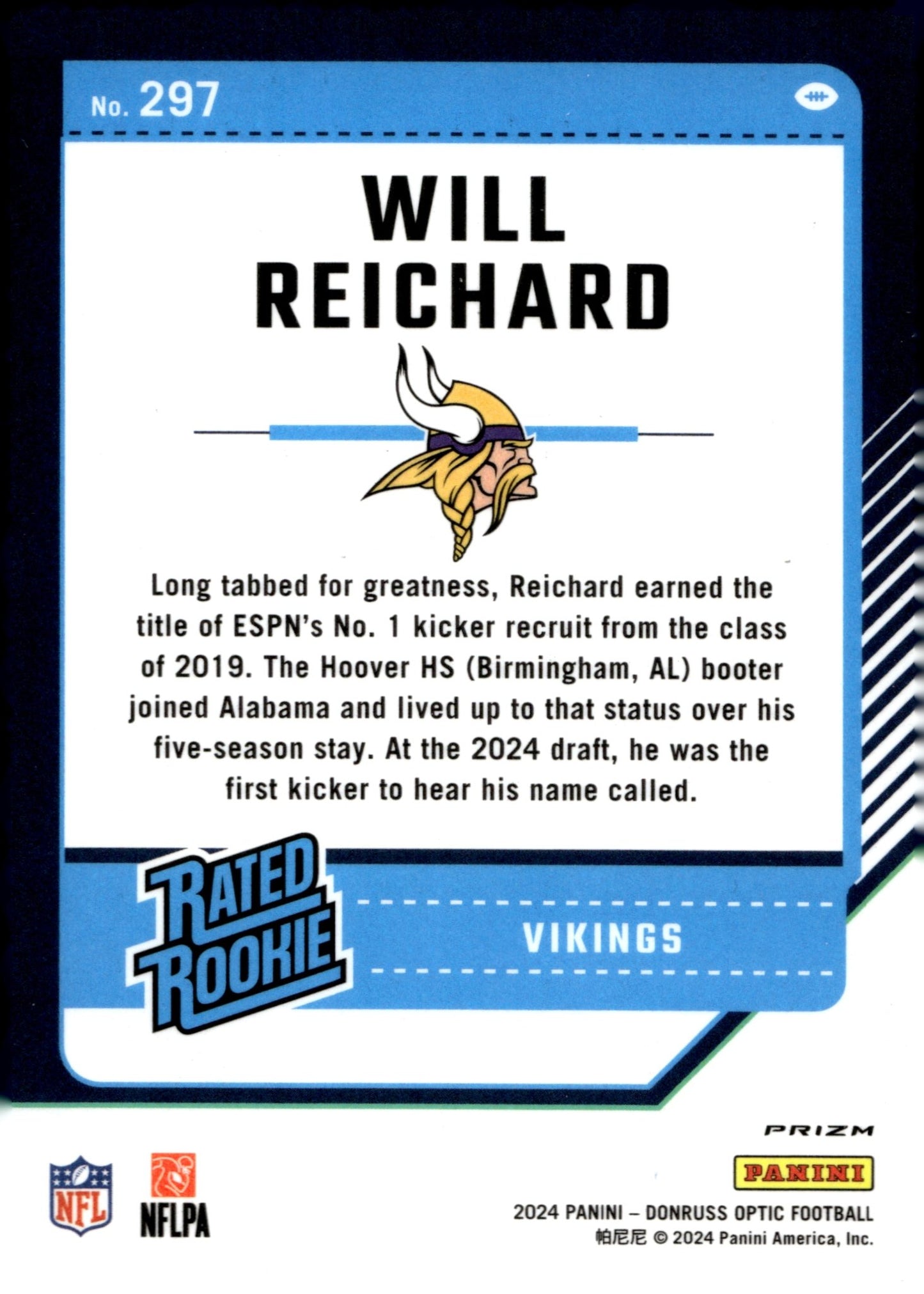 Will Reichard 2024 Panini Donruss Optic Rated Rookie Blue Scope Prizm RC 297 - Collector Store LLC