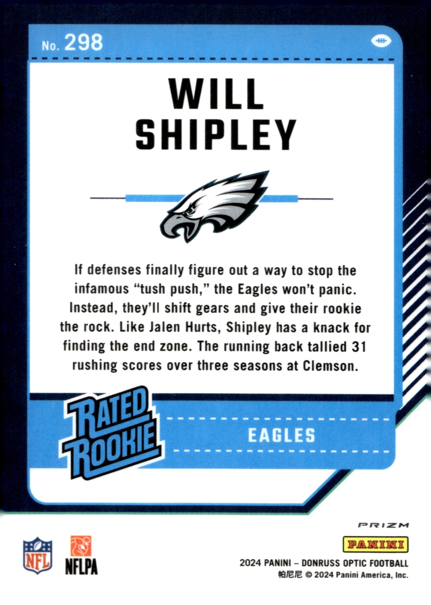 Will Shipley 2024 Panini Donruss Optic Rated Rookie Blue Scope Prizm RC 298 - Collector Store LLC