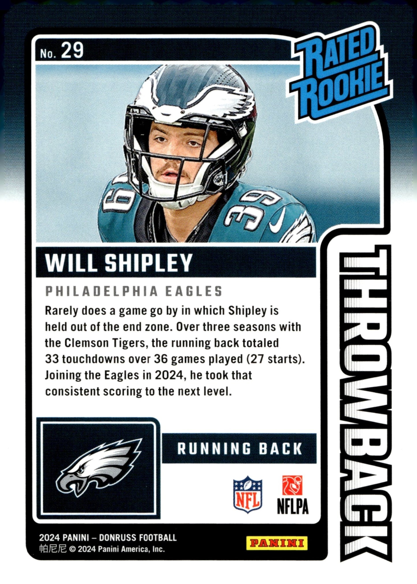 Will Shipley 2024 Panini Donruss Rated Rookie Throwback RC #29 - Collector Store LLC