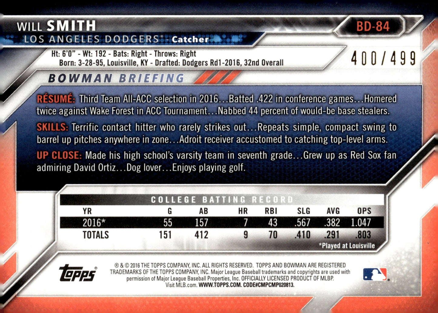 Will Smith 2016 Bowman Black Border 400/499 #BD - 84 - Collector Store LLC