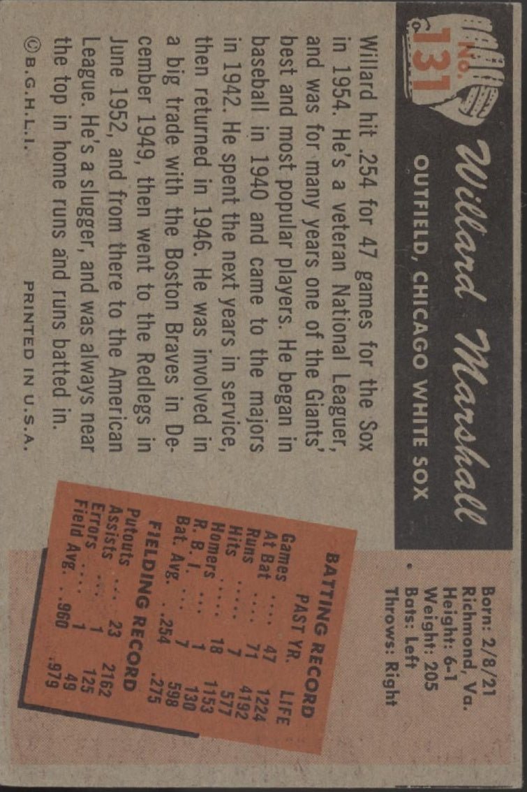 Willard Marshall 1955 Bowman #131 Chicago White Sox VG - EX #1 - Collector Store LLC