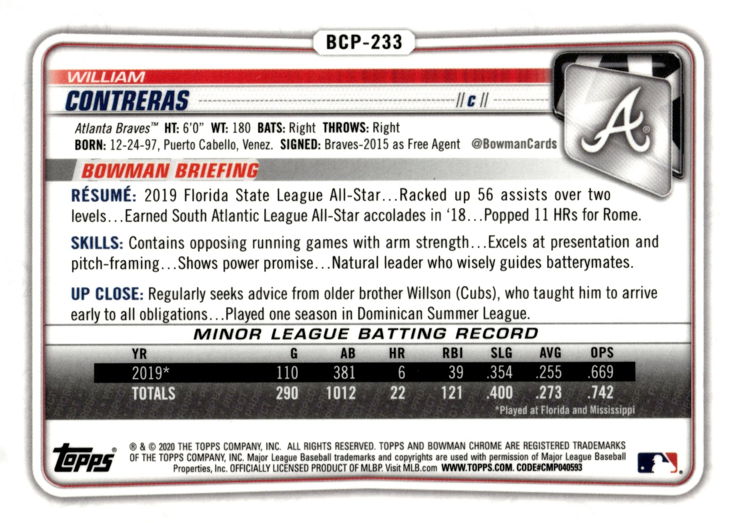 William Contreras 2020 Bowman Chrome Mojo Refractor #BCP - 233 - Collector Store LLC
