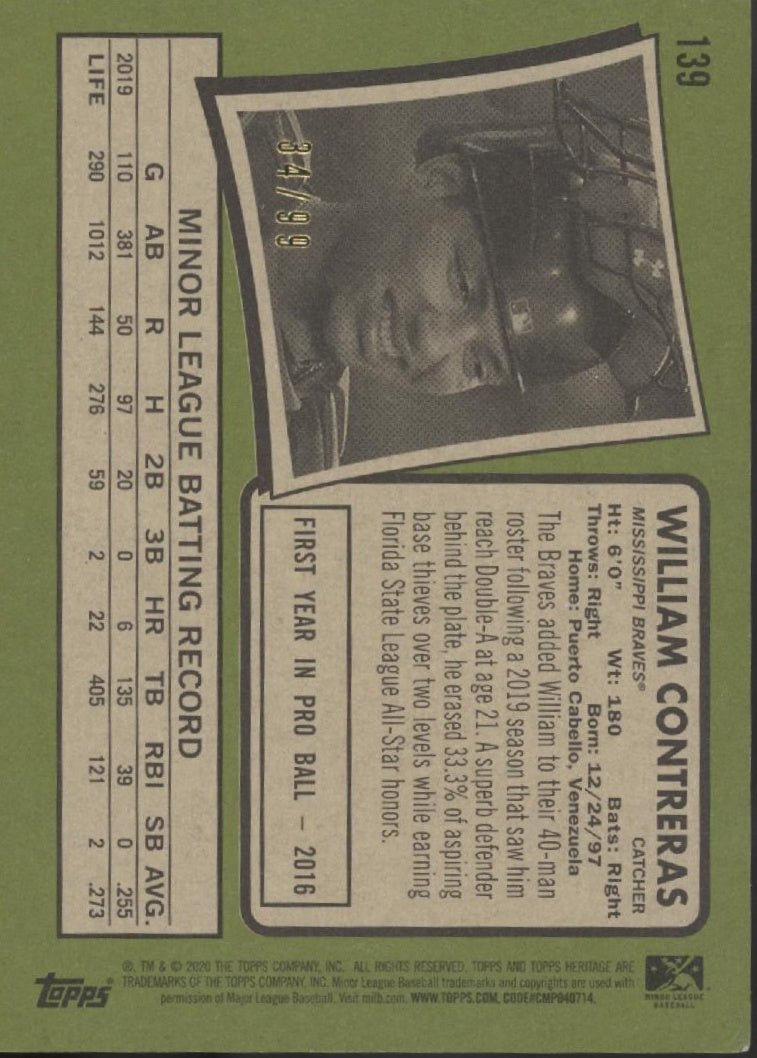 William Contreras 2020 Topps Heritage Blue 34/99 #139 - Collector Store LLC