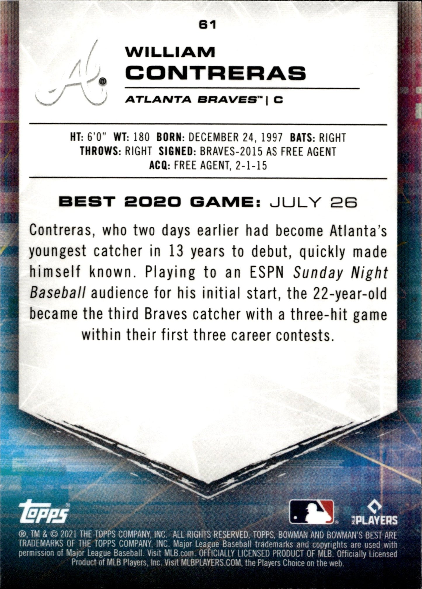 William Contreras 2021 Bowman's Best Ice Refractor #61 - Collector Store LLC