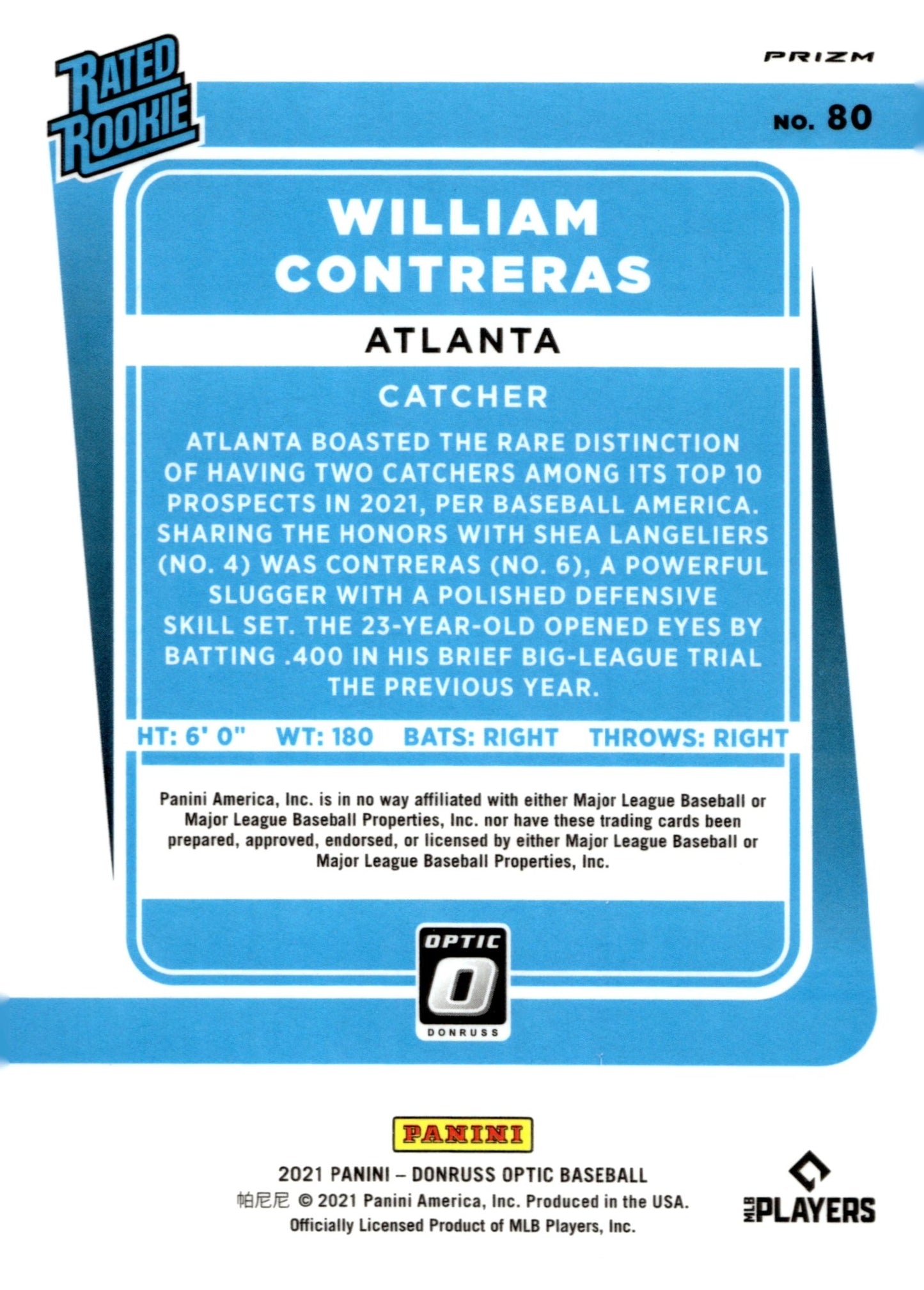William Contreras 2021 Panini Donruss Optic Rated Rookie Prizm RC #80 - Collector Store LLC