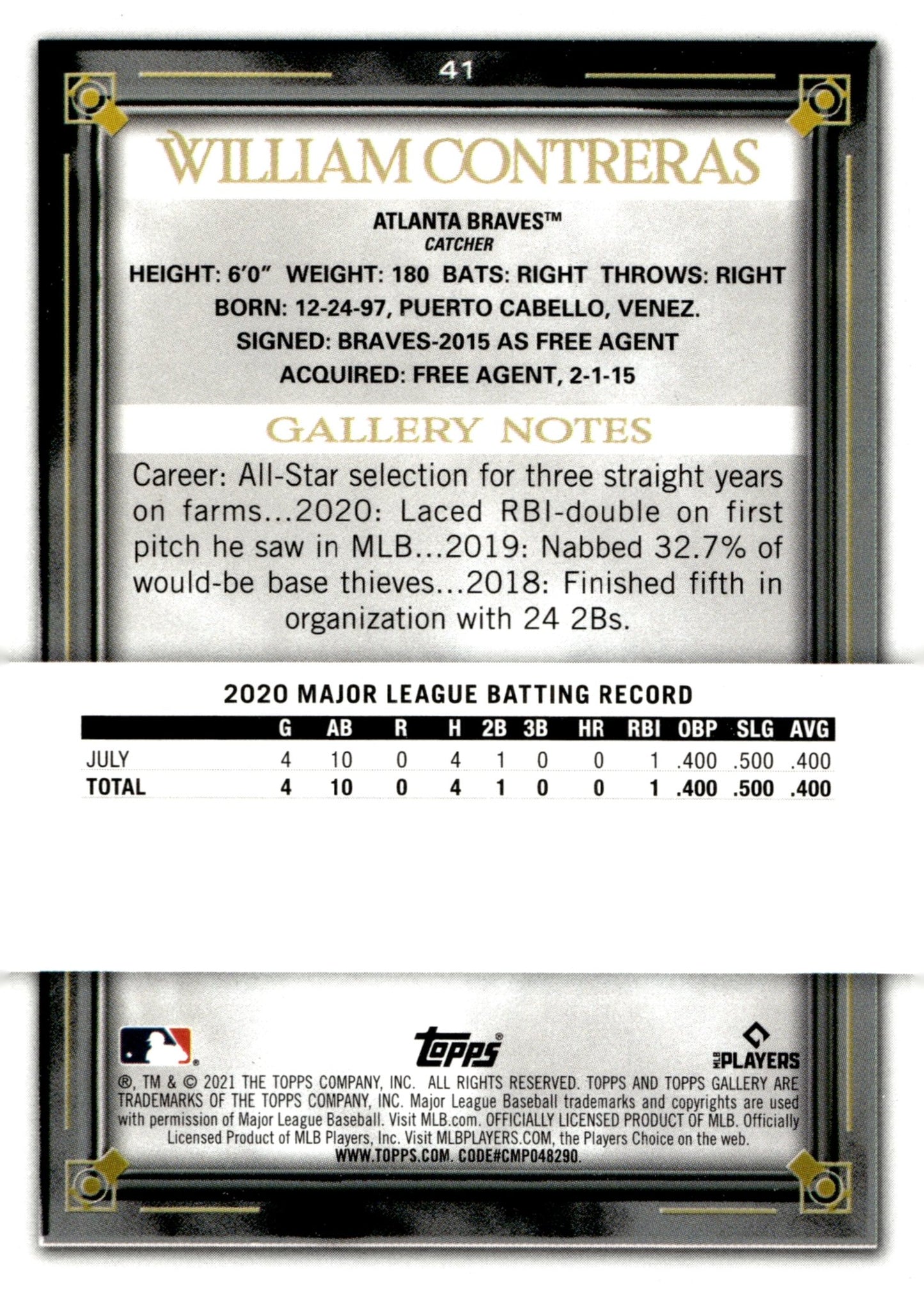 William Contreras 2021 Topps Gallery RC #41 - Collector Store LLC