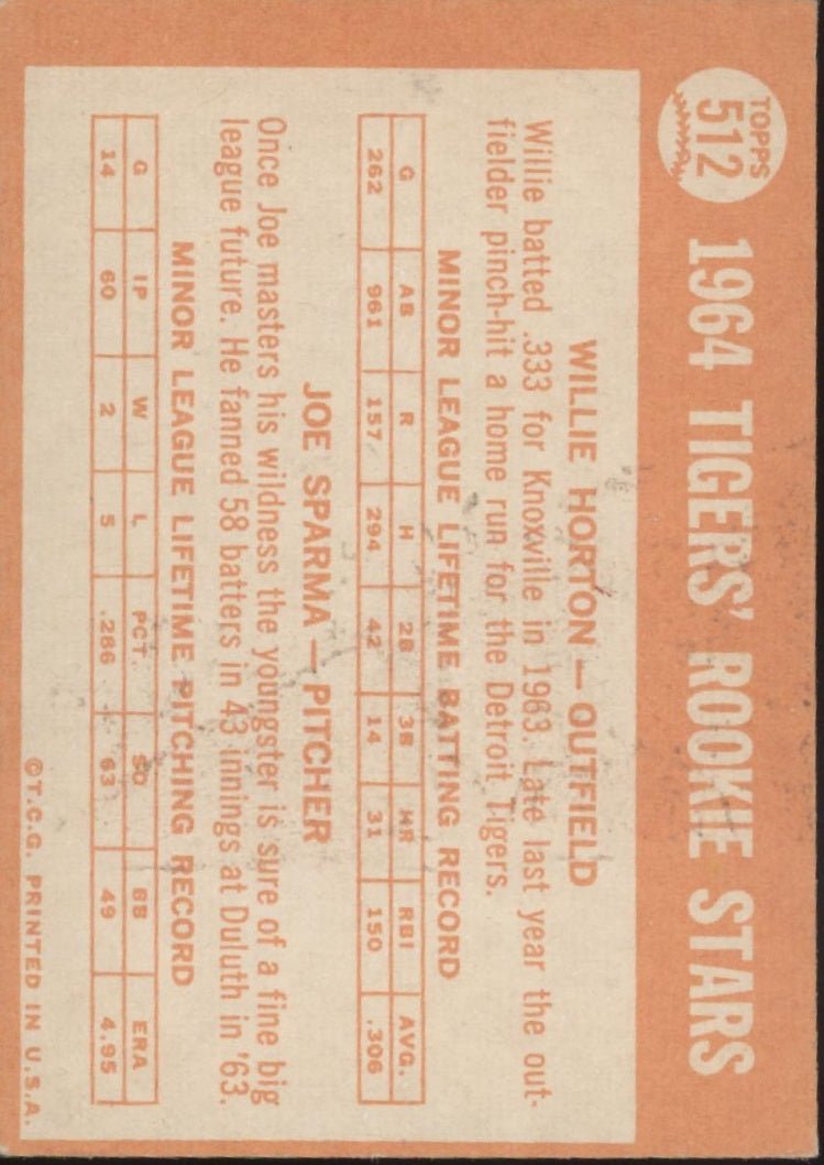 Willie Horton / Joe Sparma 1964 Topps Rookie Stars RC #512 VG - EX - Collector Store LLC