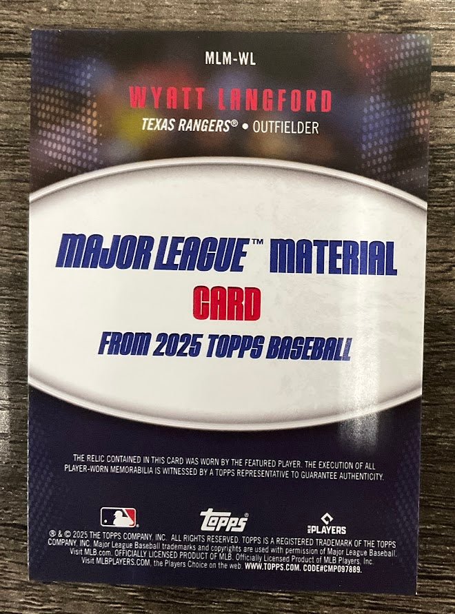 Wyatt Langford 2025 Topps Major League Material Swatch #MLM - WL - Collector Store LLC