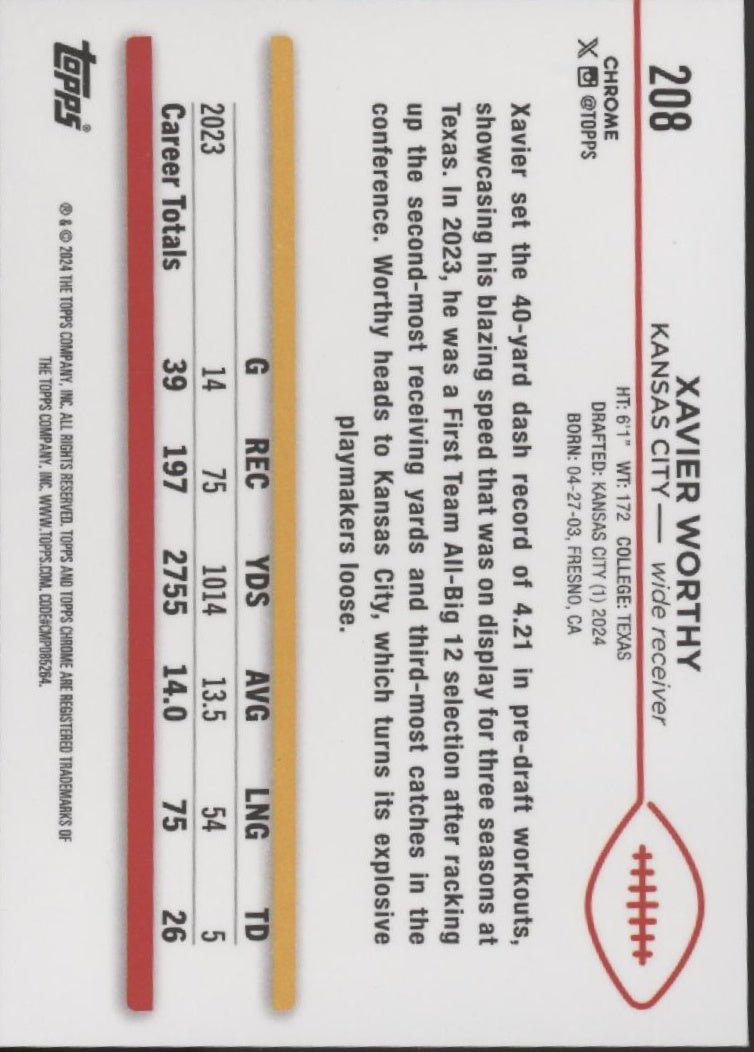 Xavier Worthy 2024 Topps Chrome RC #208 - Collector Store LLC