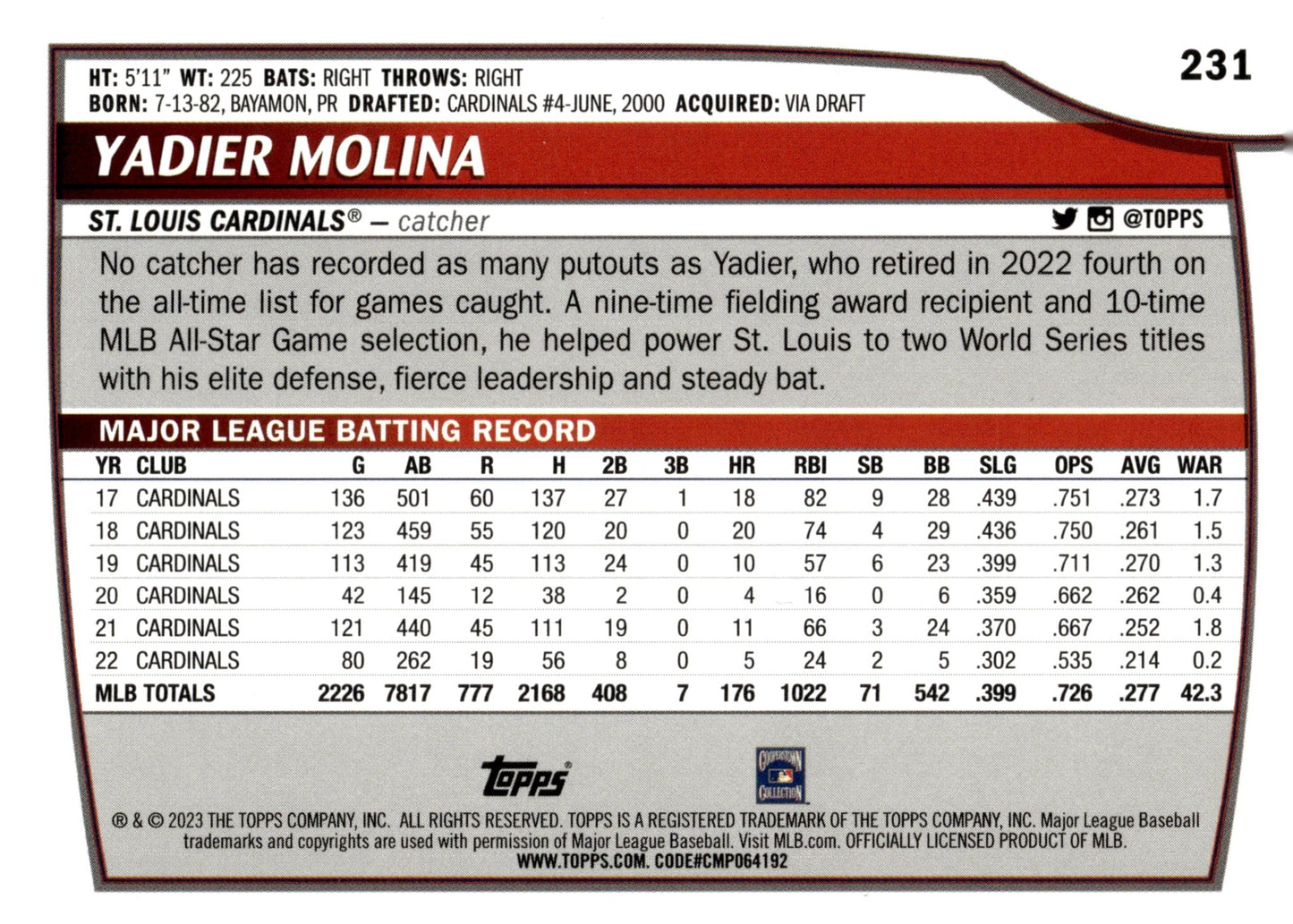 Yadier Molina 2023 Topps Big League Foil #231 - Collector Store LLC
