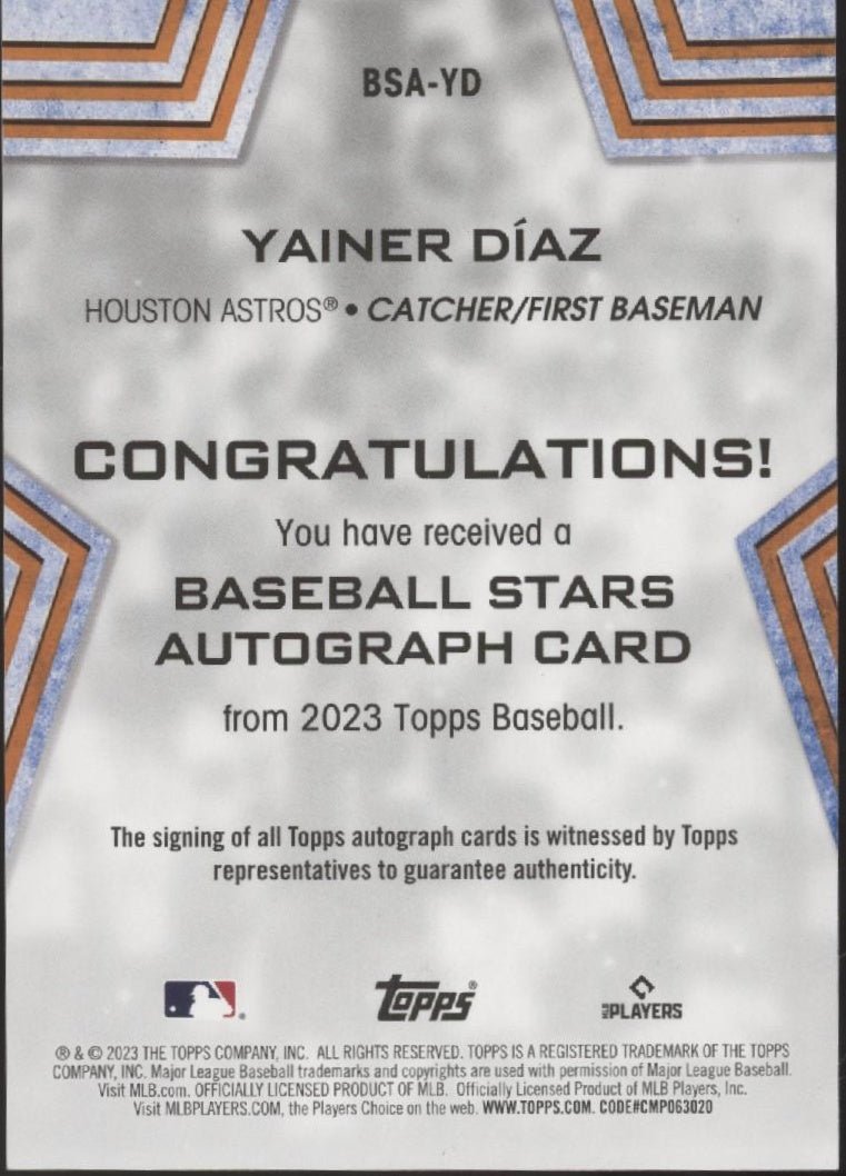 Yainer Diaz 2023 Topps Stars RC Auto BSA - YD - Collector Store LLC