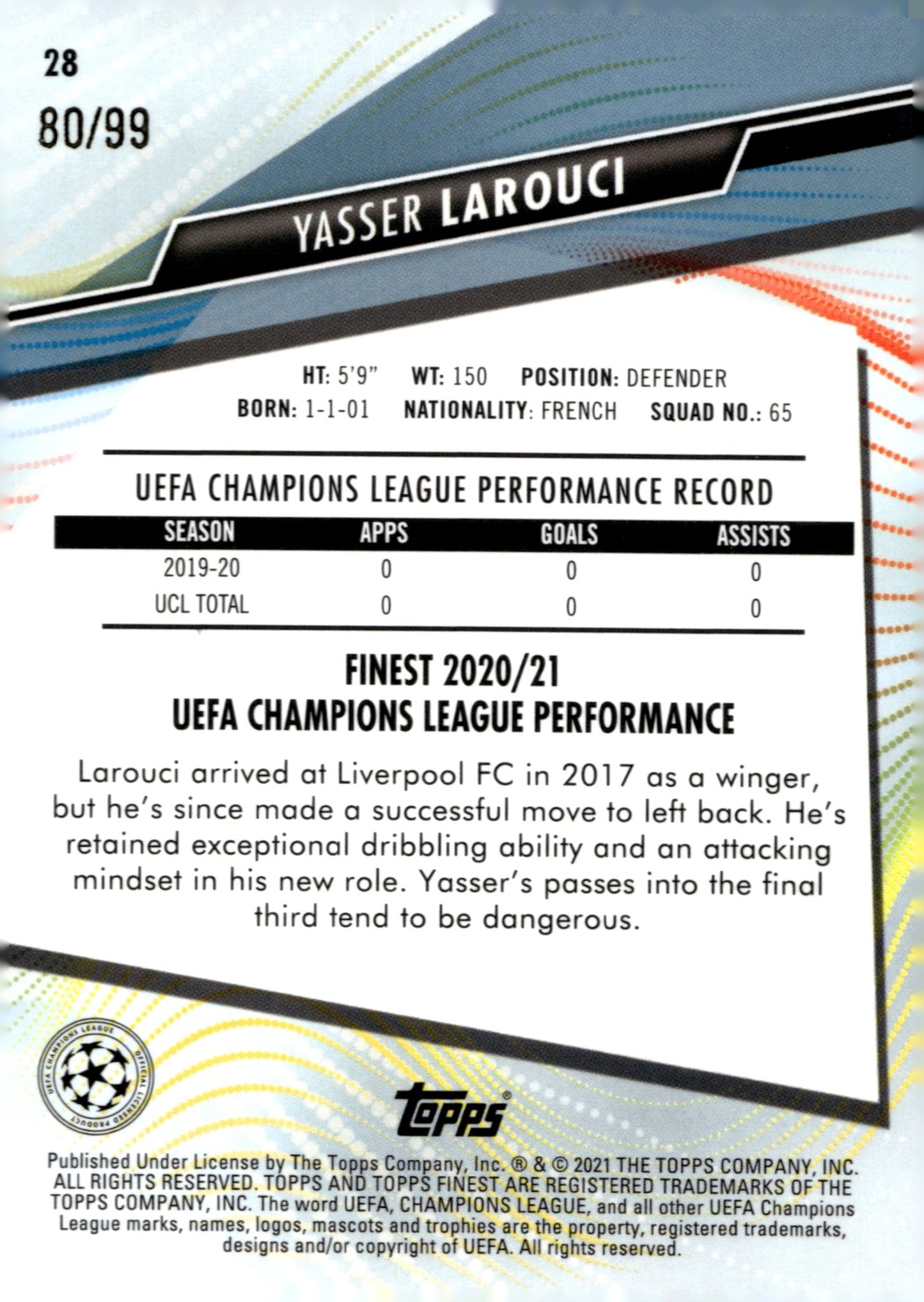 Yasser Larouci 2020 - 21 Topps Finest UCL Green Refractor RC 80/99 #28 - Collector Store LLC