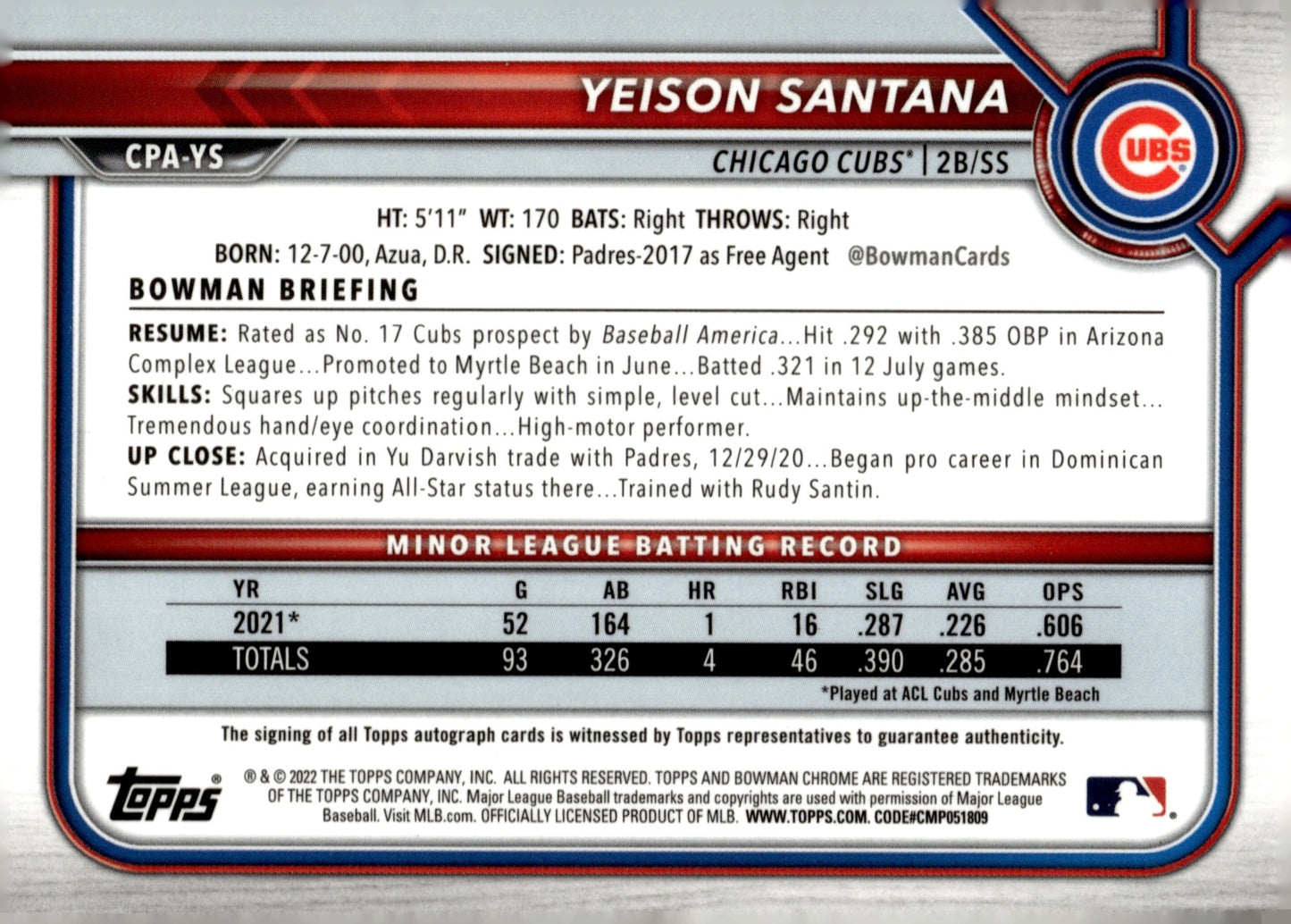 Yeison Santana 2022 Bowman Chrome Prospects Cracked Ice Refractor Auto 018/100 - Collector Store LLC