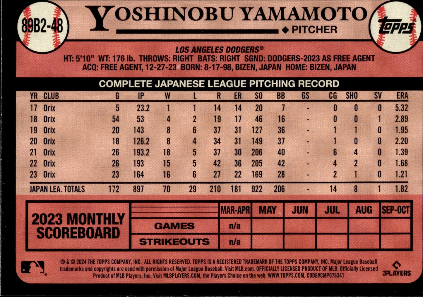Yoshinobu Yamamoto 2024 Topps 35th Anniversary RC #89B2 - 48 - Collector Store LLC