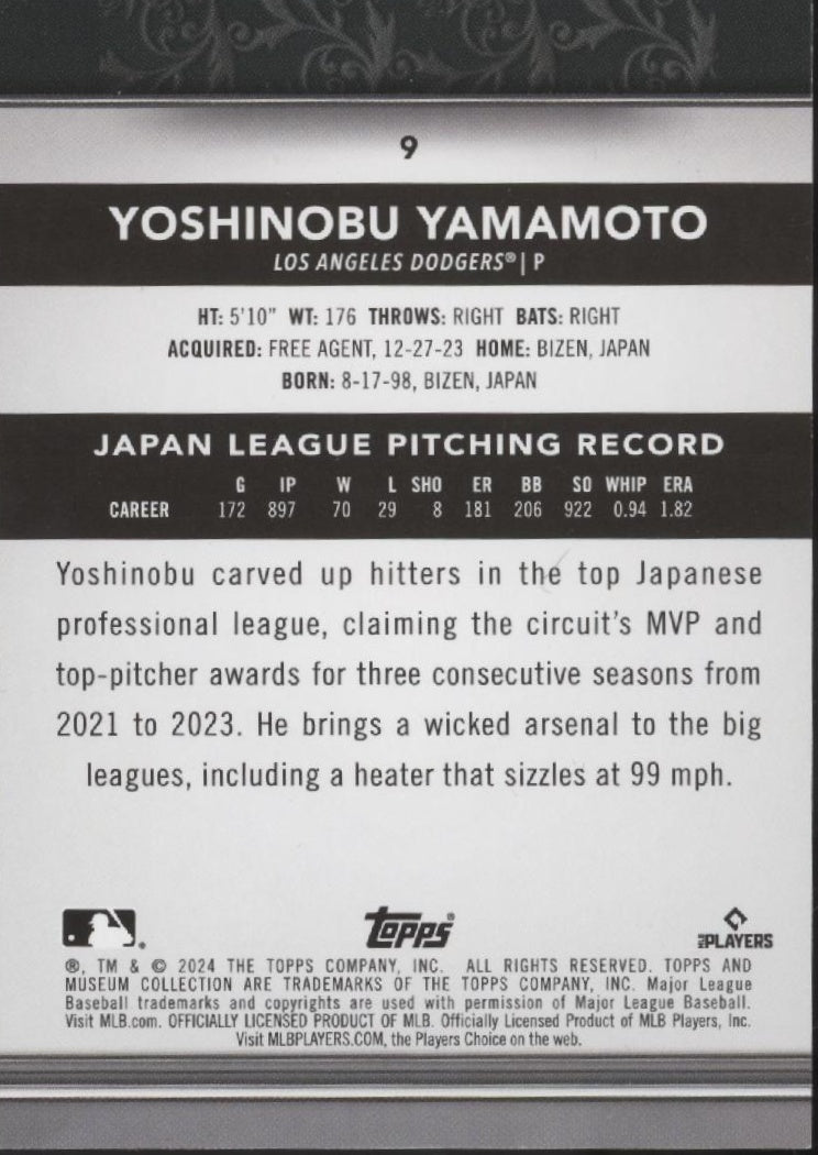 Yoshinobu Yamamoto 2024 Topps Museum Collection RC 9 - Collector Store LLC
